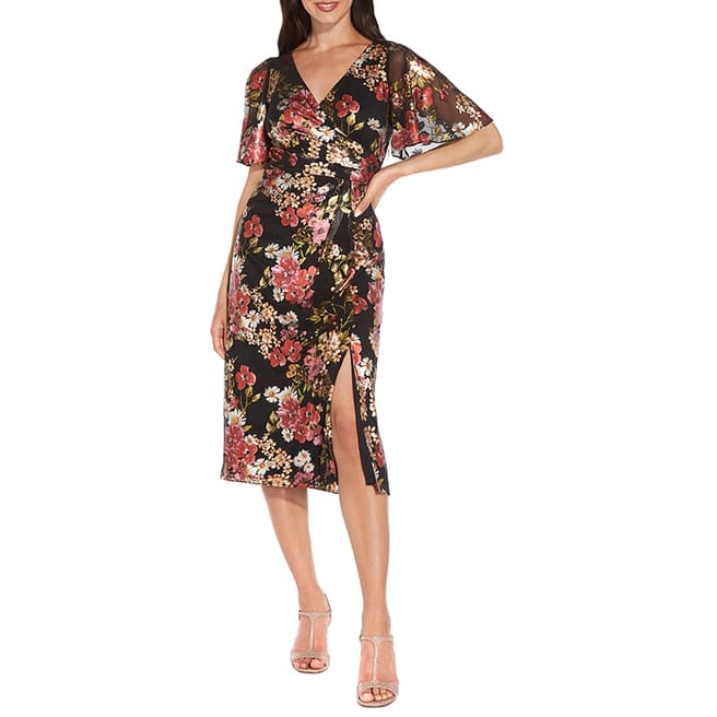 Adrianna Papell Black Floral Foiled Midi Dress
