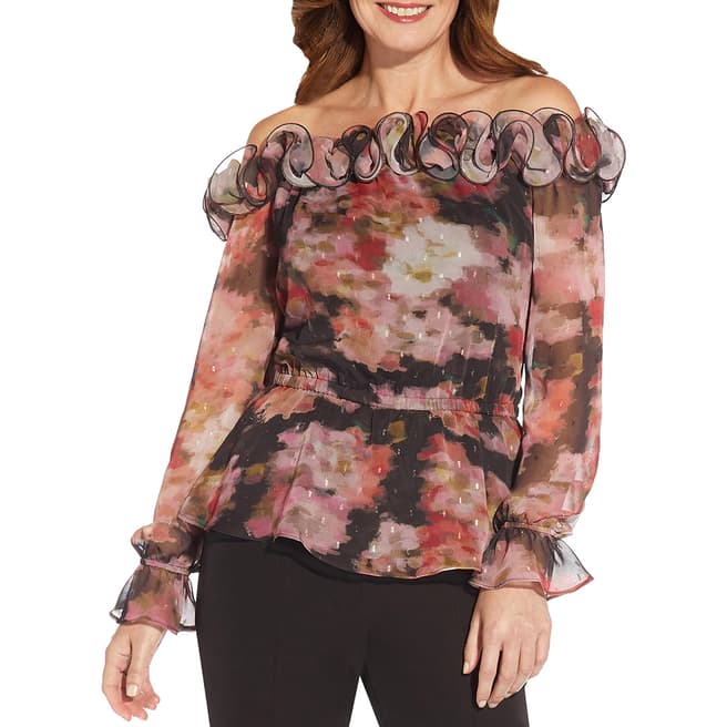 Adrianna Papell Pink Floral Off Shoulder Ruffle Blouse