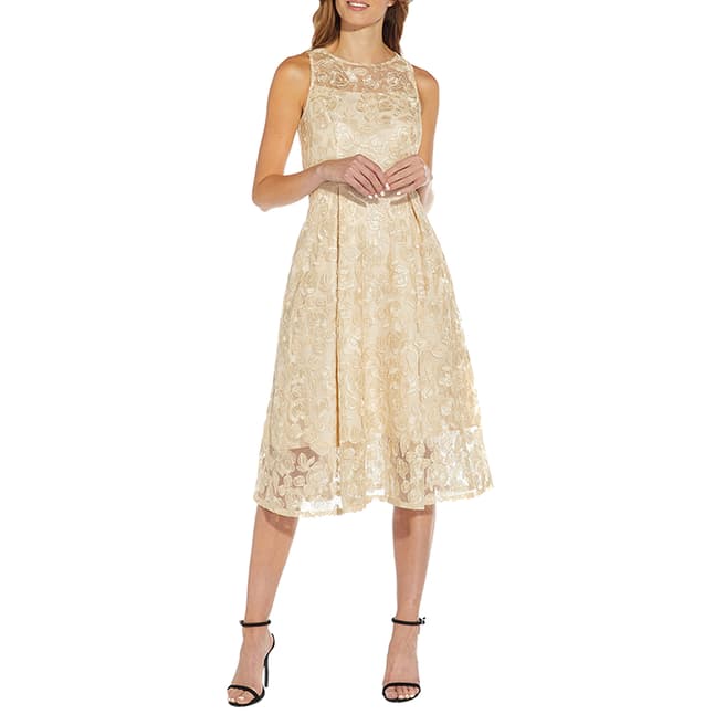 Adrianna Papell Light Champagne Embroidered Midi Dress