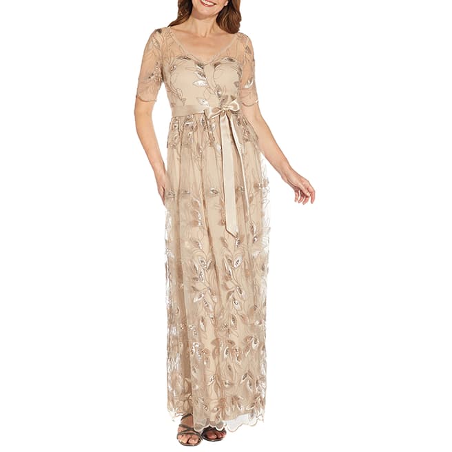 Adrianna Papell Champagne Embroidered Maxi Dress