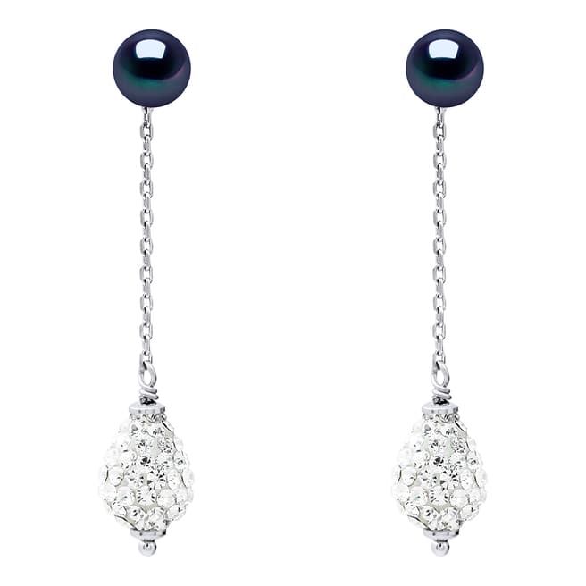 Mitzuko Silver/Black Tahiti Real Cultured Freshwater Pearl Crystal Ball Earrings