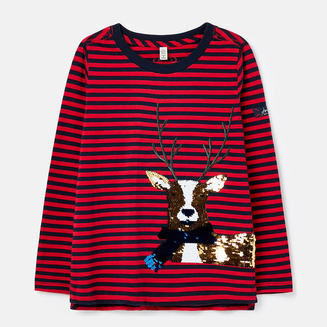 Joules Red/Navy Stripe Sequin Reindeer T-Shirt