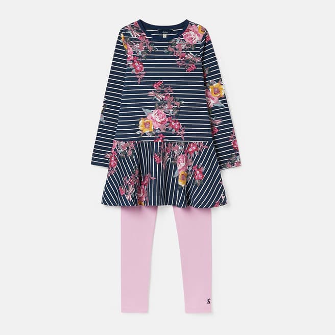 Joules Navy Striped Floral Dress And Leggings Set