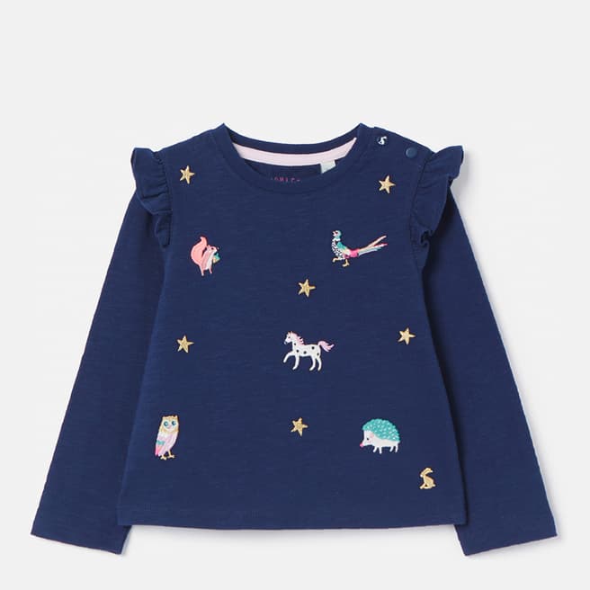 Joules Navy Animal Embroidery Frilly T-Shirt