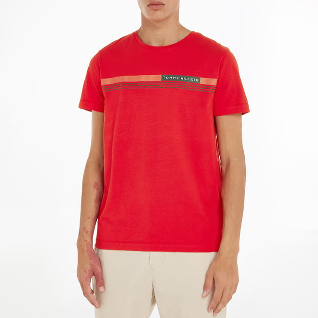 Tommy Hilfiger Red Logo Panel Cotton T-Shirt