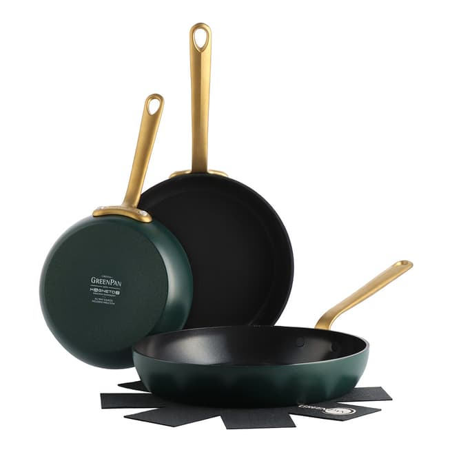 Greenpan Green & Gold Craft Non-Stick Frying Pan Set, 20cm, 24cm, 28cm & 2 Protective Sheets