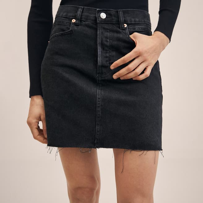 Mango Black Denim Frayed Hem Mini Skirt
