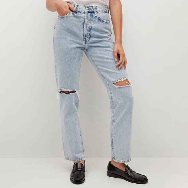 Mango Blue Denim Ripped Straight Jeans