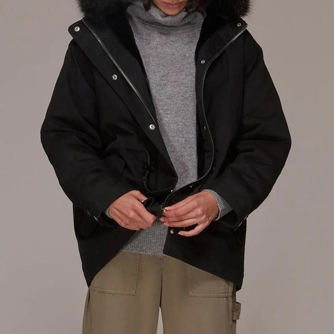 WHISTLES Black Gracie Faux Fur Parka Coat