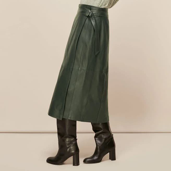 WHISTLES Green Selina Leather Wrap Skirt