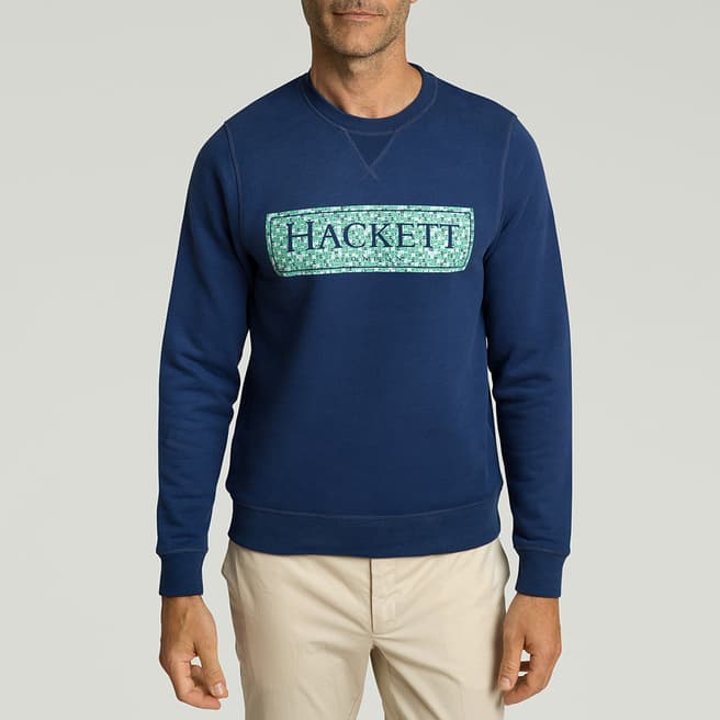 Hackett London Blue Box Logo Cotton Blend Sweatshirt