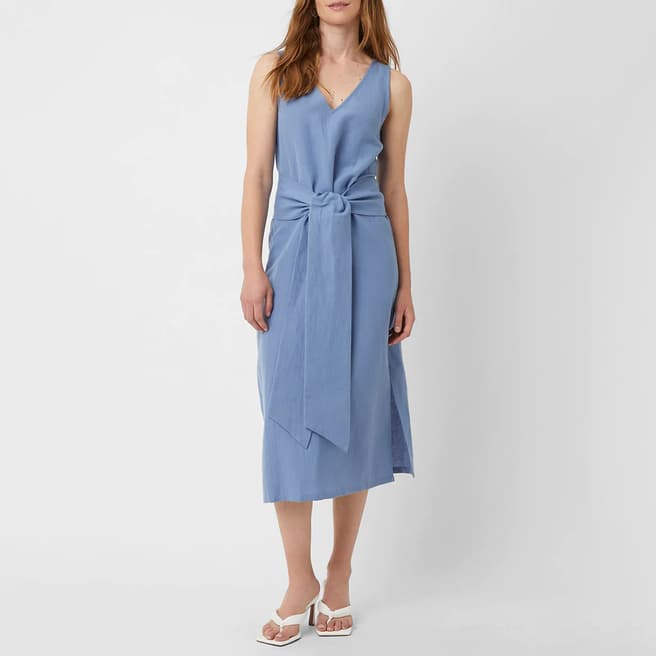Great Plains Blue Linen/Cotton Blend Tie Waist Midi Dress