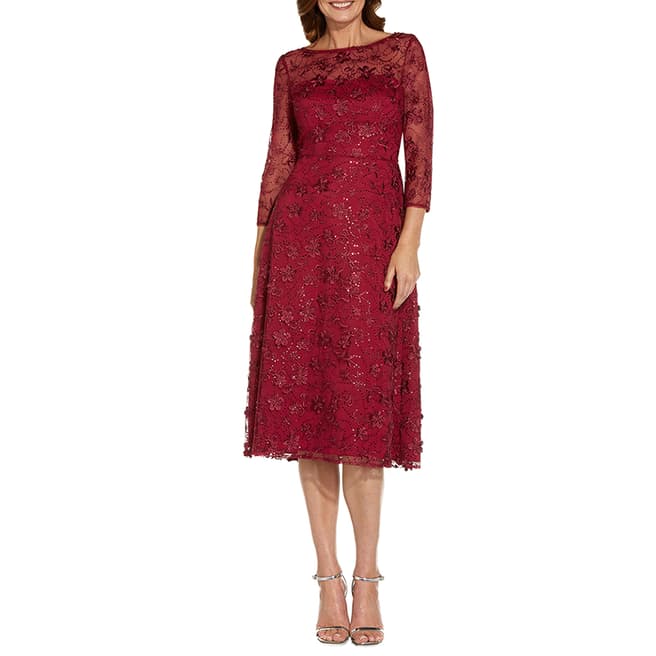 Adrianna Papell Red Embroidered Lace Midi Dress