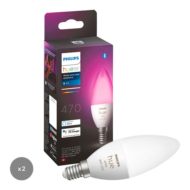 Philips Hue Set of 2 White & Colour Ambiance Smart Single Candle LED E14 Bulbs with Bluetooth