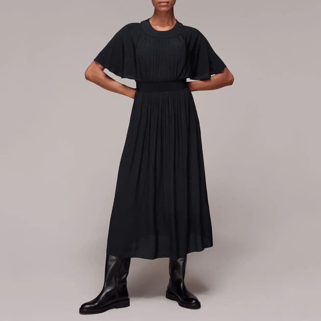 WHISTLES Black Amelia Pleated Midi Dress
