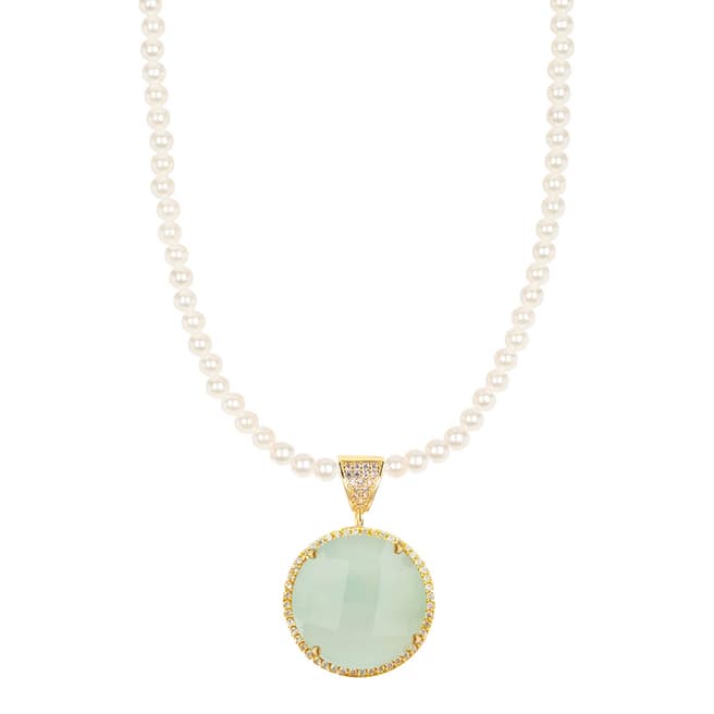 Chloe Collection by Liv Oliver 18K Gold Sea Green Chalcedony & Pearl Embelished Necklace
