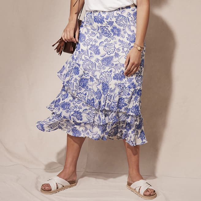 Mint Velvet Blue Nina Floral Ruffle Midi Skirt