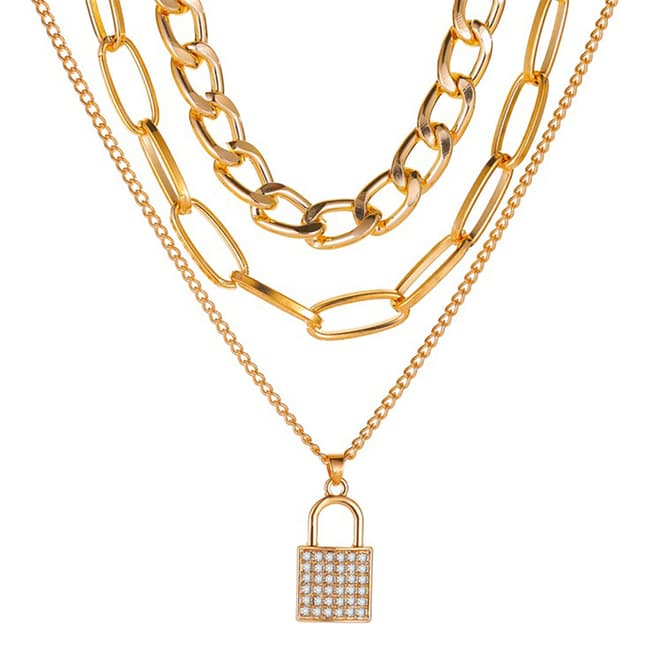 Chloe Collection by Liv Oliver 18K Gold Multi Layer Embelished Lock Necklace