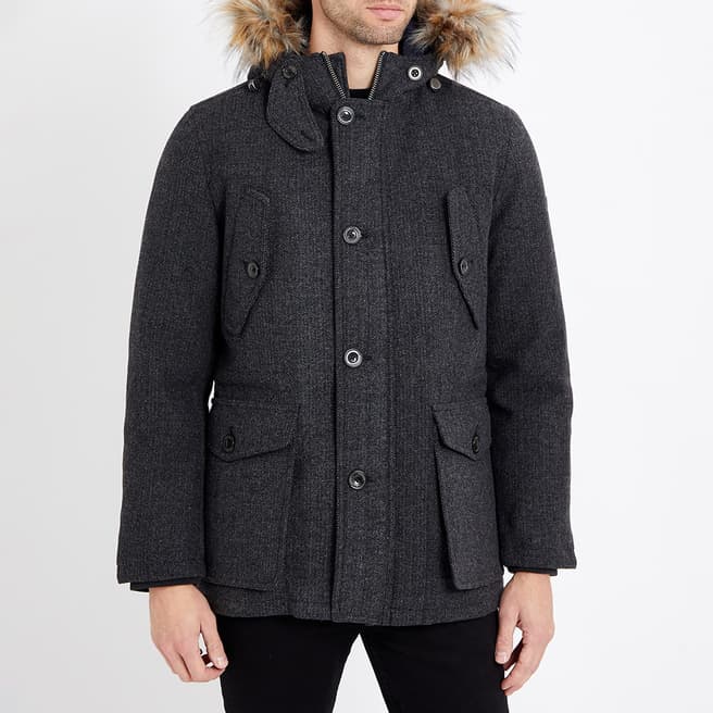 Hackett London Charcoal Faux Fur Hood Wool Blend Jacket