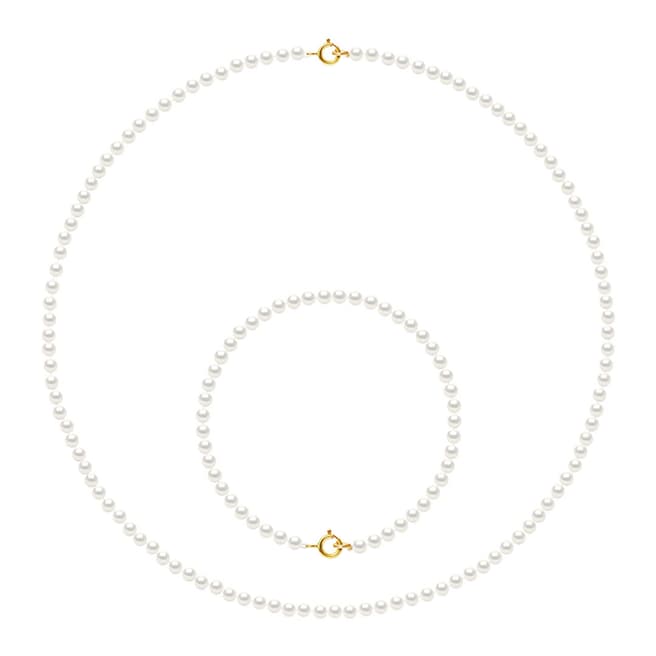 Mitzuko Yellow Gold/Natural White Matching Necklace + Bracelet Pearl Set