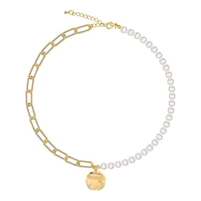 Liv Oliver 18K Gold Pearl & Chain Disc Hammer Necklace