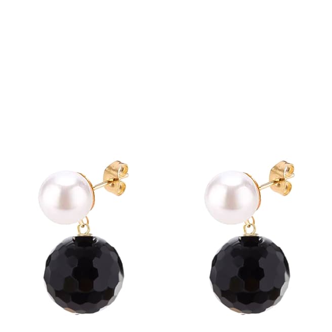 Liv Oliver 18K Gold Pearl & Onyx Double Drop Earrings