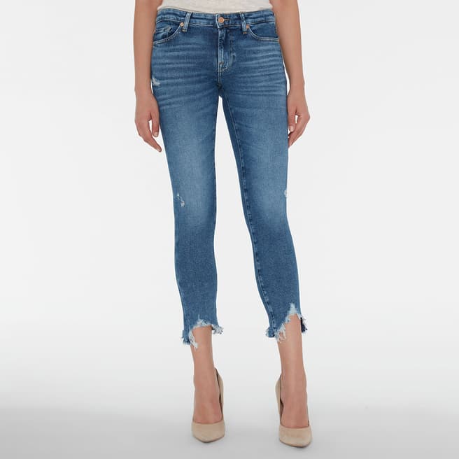 7 For All Mankind Mid Blue Pyper Stretch Cropped Ripped Hem Jeans