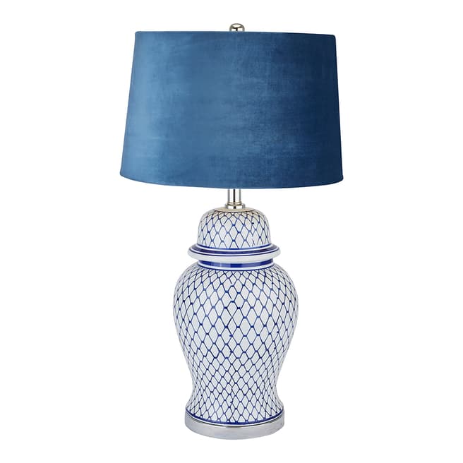 Hill Interiors Malabar Blue And White Ceramic Lamp With Blue Velvet Shade