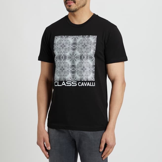 Cavalli Class Black Geometric Square Logo Cotton T-Shirt