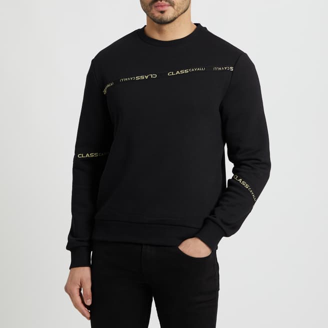Cavalli Class Black Logo Taping Cotton Blend Sweatshirt