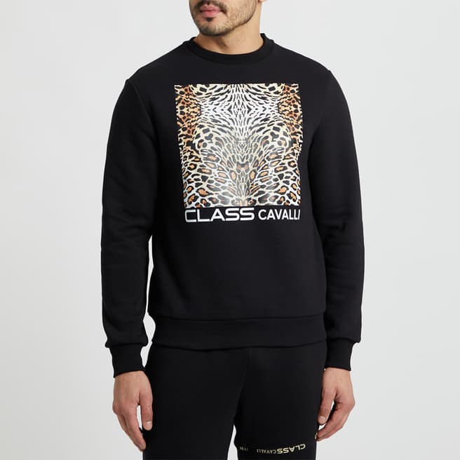 Cavalli Class Black Animal Print Logo Cotton Blend Sweatshirt