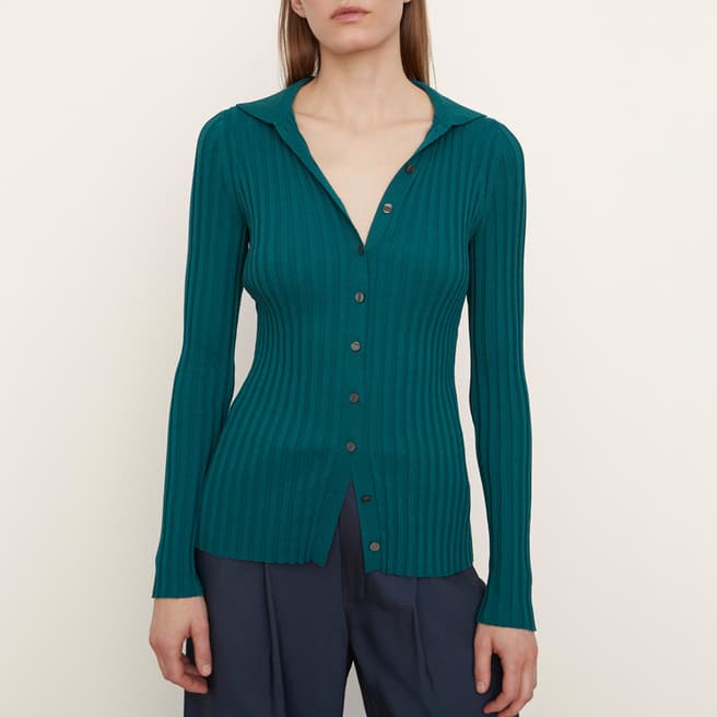 Vince Dark Green Ribbed Cotton Blend Top