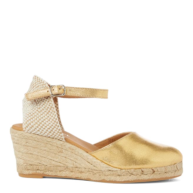 Paseart Gold Leather Closed Toe Espadrille Wedges