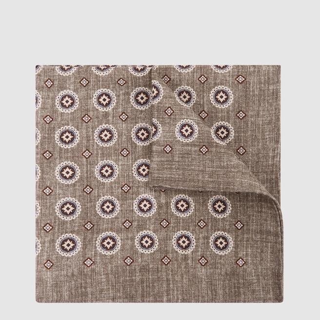 Reiss Taupe Crescent Medallion Print Silk Pocket Square
