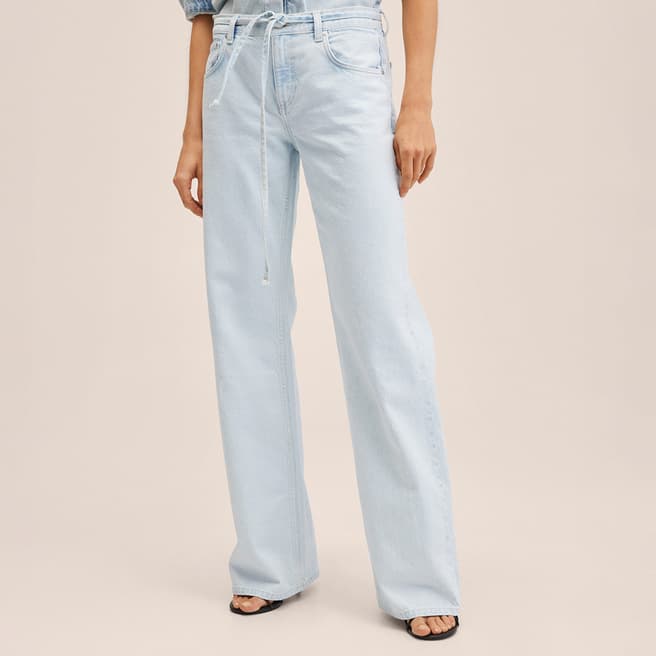 Mango Blue Wide Leg Belt Cotton Jeans