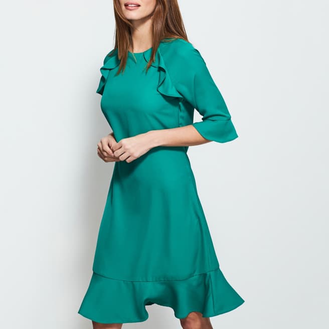 SOSANDAR Emerald Green Ruffle Trim Detail Shift Dress