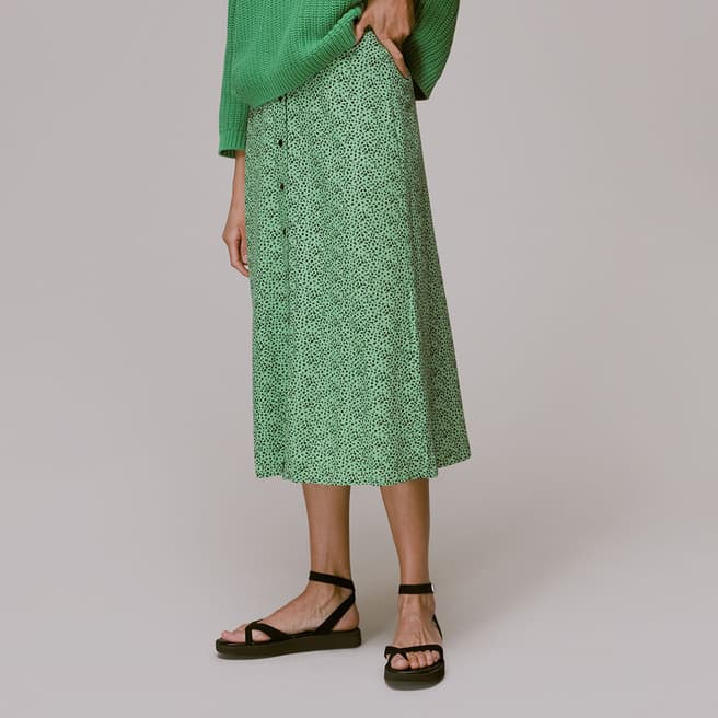WHISTLES Green Animal Print Button Front Midi Skirt