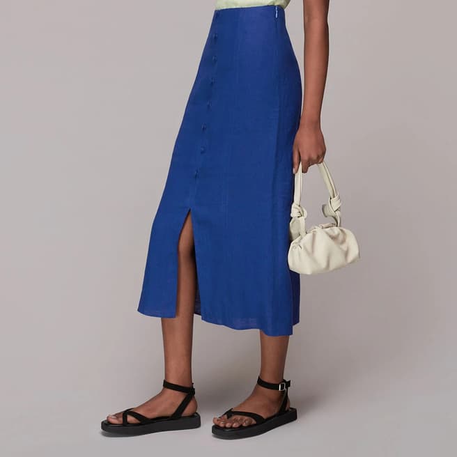 WHISTLES Blue Button Front Linen Midi Skirt