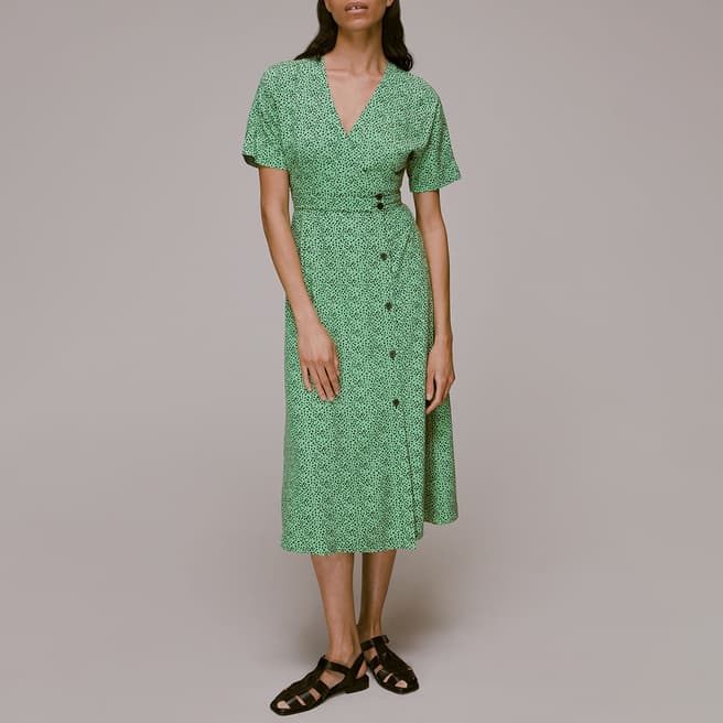 WHISTLES Green Mini Animal Print Midi Dress
