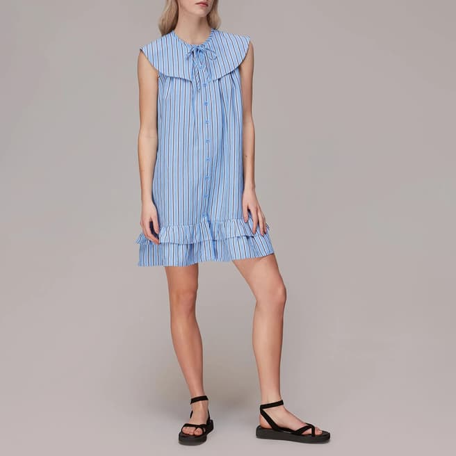 WHISTLES Blue Stripe Collared Trapeze Dress