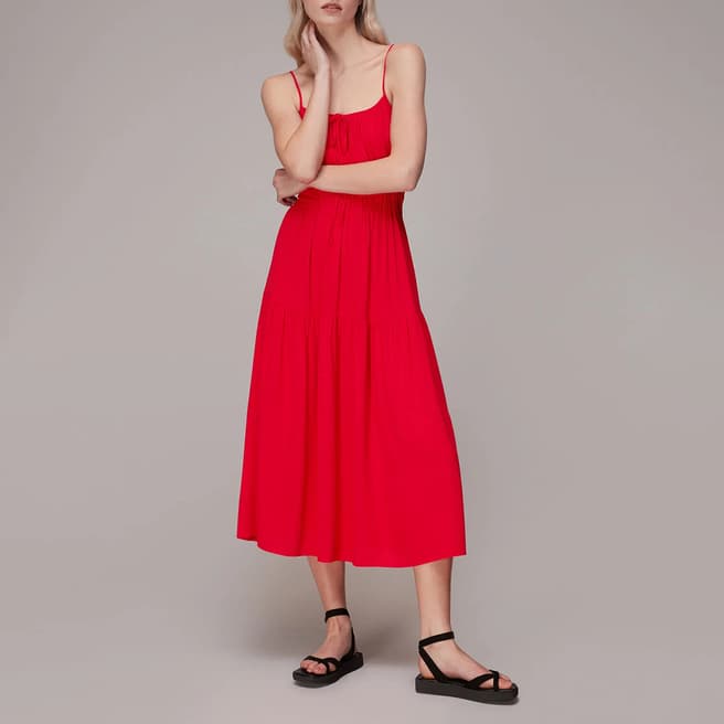 WHISTLES Red Gracie Smocked Midi Dress