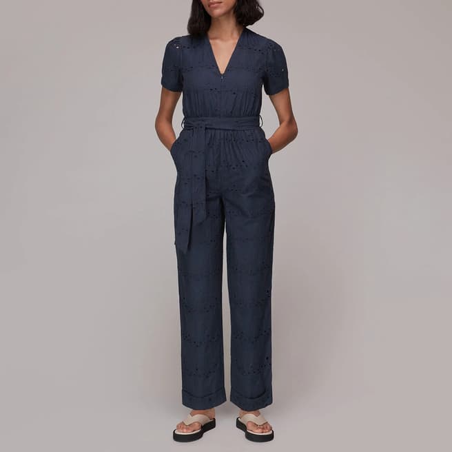 WHISTLES Navy Zoe Broderie Cotton Jumpsuit
