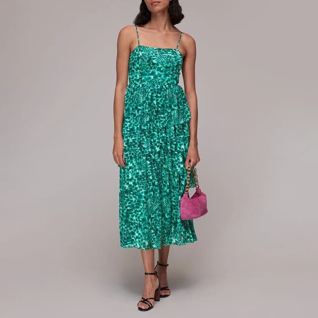 WHISTLES Green Watercolour Tiered Midi Dress