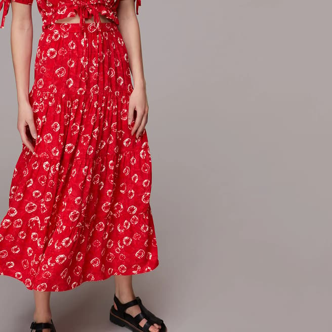 WHISTLES Red Floral Print Tiered Skirt