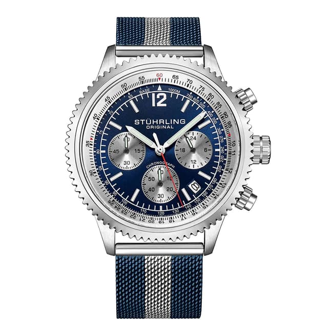 Stuhrling Men's Blue/Silver Striped Monaco Chrono Watch 44mm