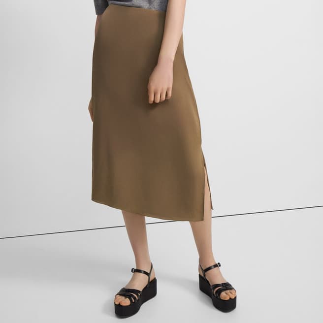 Theory Khaki Double Slit Silk Midi Skirt