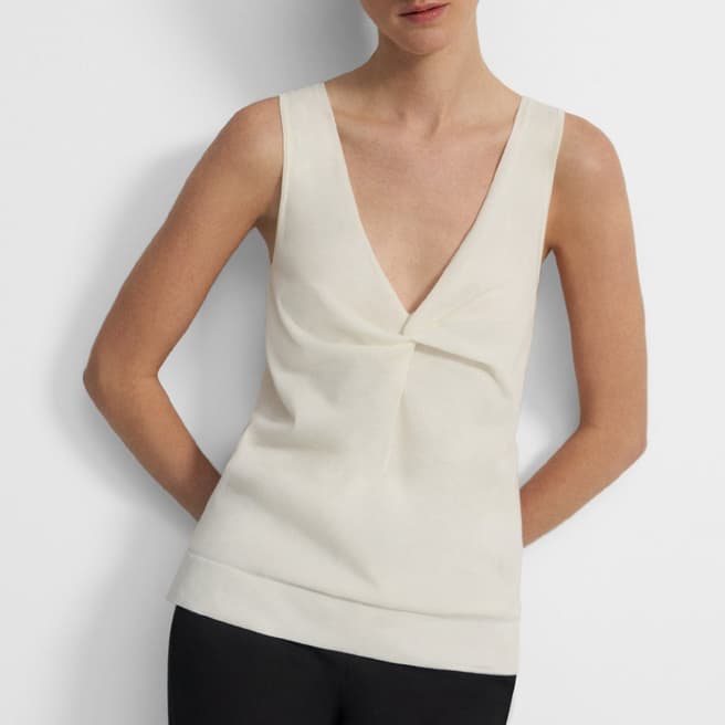 Theory Ivory Twist Front Cotton Blend Tank Top