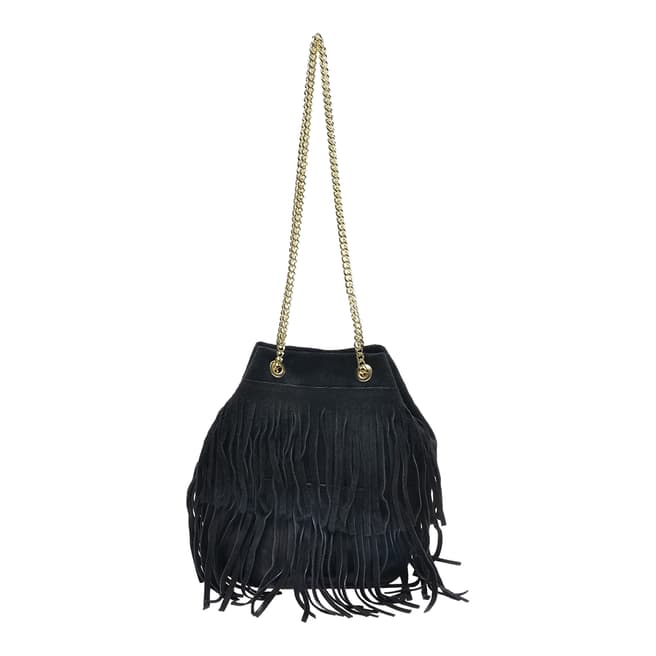 Luisa Vannini Black Leather Tassel Bucket Chain Shoulder Bag