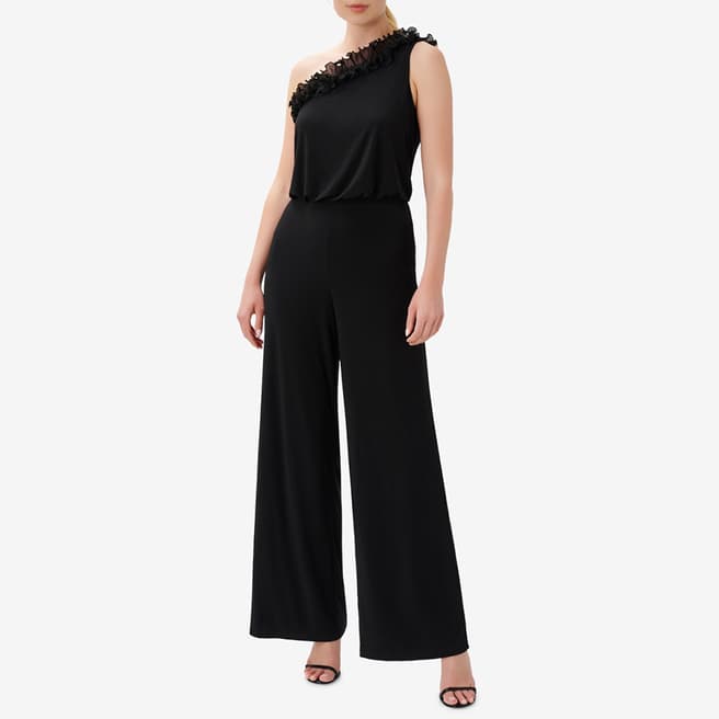 Adrianna Papell Black One Shoulder Ruffled Jumpsuit