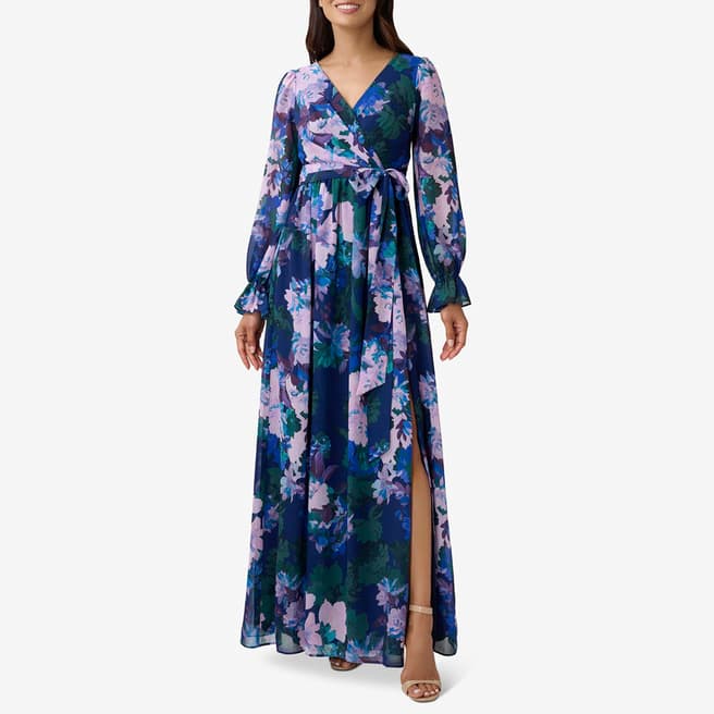 Adrianna Papell Navy Floral Print Wrap Gown